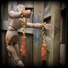 Load image into Gallery viewer, Druzy ear hangers, Quartz tunnel dangles, Druzy tunnel earrings, Orange earrings, Quartz jewelry, Gauged earrings, 00g, 0g, 10mm, 12mm, 14mm