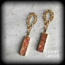 Load image into Gallery viewer, Druzy ear hangers, Quartz tunnel dangles, Druzy tunnel earrings, Orange earrings, Quartz jewelry, Gauged earrings, 00g, 0g, 10mm, 12mm, 14mm