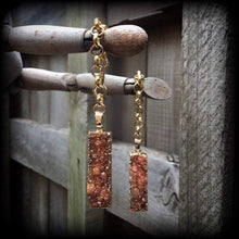 Load image into Gallery viewer, Druzy ear hangers, Quartz tunnel dangles, Druzy tunnel earrings, Orange earrings, Quartz jewelry, Gauged earrings, 00g, 0g, 10mm, 12mm, 14mm