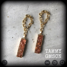 Load image into Gallery viewer, Druzy ear hangers, Quartz tunnel dangles, Druzy tunnel earrings, Orange earrings, Quartz jewelry, Gauged earrings, 00g, 0g, 10mm, 12mm, 14mm