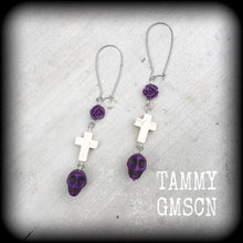 Load image into Gallery viewer, Day of the Dead earrings Skull earrings Rose earrings Tunnel earrings Inverted Cross earrings Halloween jewelry Los Muertos jewelry Sangria
