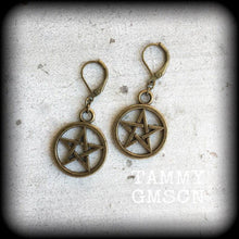 Load image into Gallery viewer, Pentagram earrings Pentacle earrings Goddess Artemis Wicca Witchy Plug earrings Pagan Dangle Pierced ears Leverback hooks Tunnel earrings