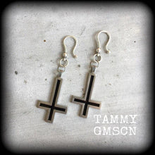 Load image into Gallery viewer, Inverted Cross ear weights Tunnel dangles Gauged earrings Evil eye Hanging gauges Church of Satan Ear hangers Plug dangles Ear weights 0g 2g