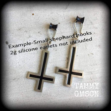 Load image into Gallery viewer, Inverted Cross ear weights Tunnel dangles Gauged earrings Evil eye Hanging gauges Church of Satan Ear hangers Plug dangles Ear weights 0g 2g