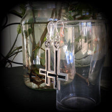 Load image into Gallery viewer, Inverted Cross earrings Evil Gothic Witchy Occult Church of Satan Temple of Set Tunnel earrings Plug earrings Pierced ears French hooks 0g