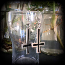 Load image into Gallery viewer, Inverted Cross earrings Evil Gothic Witchy Occult Church of Satan Temple of Set Tunnel earrings Plug earrings Pierced ears French hooks 0g