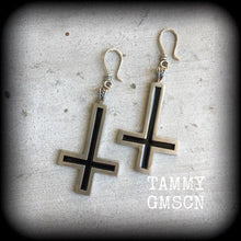 Load image into Gallery viewer, Inverted Cross earrings Evil Gothic Witchy Occult Church of Satan Temple of Set Tunnel earrings Plug earrings Pierced ears French hooks 0g