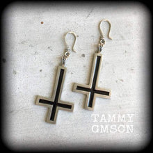 Load image into Gallery viewer, Inverted Cross earrings Evil Gothic Witchy Occult Church of Satan Temple of Set Tunnel earrings Plug earrings Pierced ears French hooks 0g