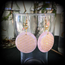 Load image into Gallery viewer, Rose Quartz earrings Flower of Life Crystal Gemstone Sacred Geometry Geometric Tunnel earrings Pierced ears Plug earrings Chakra Boho 14g