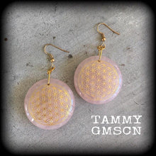 Load image into Gallery viewer, Rose Quartz earrings Flower of Life Crystal Gemstone Sacred Geometry Geometric Tunnel earrings Pierced ears Plug earrings Chakra Boho 14g