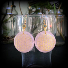 Load image into Gallery viewer, Rose Quartz earrings Flower of Life Crystal Gemstone Sacred Geometry Geometric Tunnel earrings Pierced ears Plug earrings Chakra Boho 14g