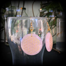 Load image into Gallery viewer, Rose Quartz earrings Flower of Life Crystal Gemstone Sacred Geometry Geometric Tunnel earrings Pierced ears Plug earrings Chakra Boho 14g