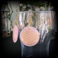 Load image into Gallery viewer, Rose Quartz earrings Flower of Life Crystal Gemstone Sacred Geometry Geometric Tunnel earrings Pierced ears Plug earrings Chakra Boho 14g
