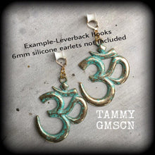Load image into Gallery viewer, Ohm tunnel dangles, Chakra ear hangers, Zen jewelry, Plug dangles, Plug earrings, Tunnel earrings, Gauged earrings, Buddhist jewelry 00g 0g
