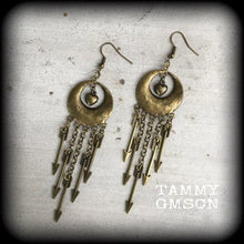 Load image into Gallery viewer, Arrow earrings Heart earrings Dangle earrings Statement earrings Plug dangles Artemis earrings Boho earrings Gauged earrings Pierced ears