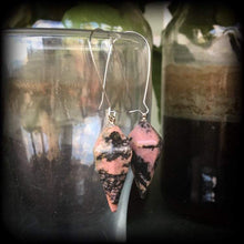 Load image into Gallery viewer, Rhodonite earrings Gemstone earrings Pink earrings Plug earrings Gemstone tunnel earrings 3mm gauged earrings Kidney hooks Leverback hooks