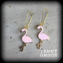 Load image into Gallery viewer, Flamingo earrings Bird earrings Kitsch earrings Cute earrings Retro earrings Pink flamingo John Waters Earrings for pierced ears or gauges
