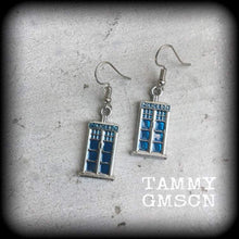 Load image into Gallery viewer, Dr Who earrings Tardis earrings Phone box earrings Tom Baker Science Fiction jewelry Geek earrings Tunnel earrings Plug earrings Pierced ear