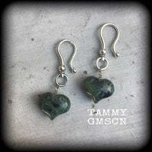 Load image into Gallery viewer, Jasper ear weights Gemstone ear hangers Heart tunnel dangles Stone tapers Plug weights Plug dangles Gauged earrings 00g 0g 2g 8g 6g 4g 2g
