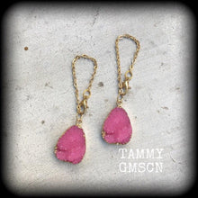 Load image into Gallery viewer, Pink Druzy earrings Quartz earrings Gemstone Tunnel earrings Organic Plug earrings Pink earrings Dangle earring Pierced ears Gauged earrings