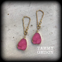 Load image into Gallery viewer, Pink Druzy earrings Quartz earrings Gemstone Tunnel earrings Organic Plug earrings Pink earrings Dangle earring Pierced ears Gauged earrings