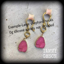 Load image into Gallery viewer, Pink Druzy earrings Quartz earrings Gemstone Tunnel earrings Organic Plug earrings Pink earrings Dangle earring Pierced ears Gauged earrings