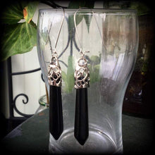 Load image into Gallery viewer, Black onyx earrings Gemstone earrings Chakra earrings Pendulum earrings Dangle earrings Plug earrings Tunnel earrings Boho earrings Gauges