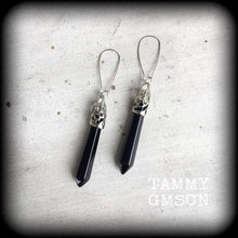 Load image into Gallery viewer, Black onyx earrings Gemstone earrings Chakra earrings Pendulum earrings Dangle earrings Plug earrings Tunnel earrings Boho earrings Gauges