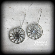 Load image into Gallery viewer, Sunwheel earrings, Rune earrings, Viking jewelry, Black sun, Viking earrings, Norse jewelry, Asatru jewelry, Tunnel earrings, Plug earrings