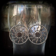 Load image into Gallery viewer, Sunwheel earrings, Rune earrings, Viking jewelry, Black sun, Viking earrings, Norse jewelry, Asatru jewelry, Tunnel earrings, Plug earrings
