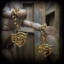 Load image into Gallery viewer, 00 gauge Eye of Udjat ear weights, 10mm weights, Eye of Ra ear hangers, Egyptian tunnel dangles, Gauged earrings, Tunnel dangles, 12mm 14mm