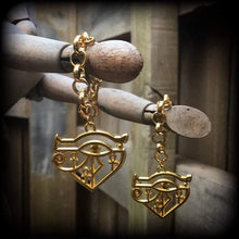 Load image into Gallery viewer, 00 gauge Eye of Udjat ear weights, 10mm weights, Eye of Ra ear hangers, Egyptian tunnel dangles, Gauged earrings, Tunnel dangles, 12mm 14mm