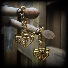 Load image into Gallery viewer, 00 gauge Eye of Udjat ear weights, 10mm weights, Eye of Ra ear hangers, Egyptian tunnel dangles, Gauged earrings, Tunnel dangles, 12mm 14mm