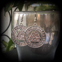 Load image into Gallery viewer, Viking earrings, Valknut earrings, Norse earrings, Viking jewelry, Triple triangle, Asatru jewelry, Neopagan jewelry, Tunnel earrings, 2g 4g