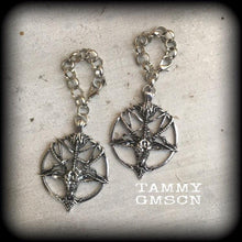 Load image into Gallery viewer, 00 gauge weights Baphomet ear weights 14mm ear hangers 10mm tunnel dangles Gauged earrings for stretched lobes Plug dangles 16mm 14mm gauges