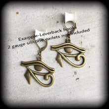 Load image into Gallery viewer, 6mm ear weights 0 gauge Tunnel dangles Plug dangles Eye of Horus Bronze ear weights Eye of Ra Gauged earrings Hanging gauges 00 guage 8mm