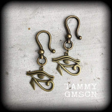 Load image into Gallery viewer, 6mm ear weights 0 gauge Tunnel dangles Plug dangles Eye of Horus Bronze ear weights Eye of Ra Gauged earrings Hanging gauges 00 guage 8mm