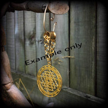 Load image into Gallery viewer, Sri Yantra Ear weights, 10mm, 00 gauge, Hanging gauges, Plug dangles, Gauged earrings, Ear Hangers, Tunnel dangles, 12mm, 14mm, 16mm, 18mm
