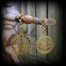 Load image into Gallery viewer, Sri Yantra Ear weights, 10mm, 00 gauge, Hanging gauges, Plug dangles, Gauged earrings, Ear Hangers, Tunnel dangles, 12mm, 14mm, 16mm, 18mm