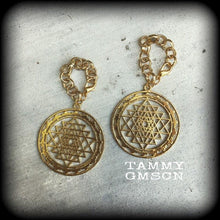Load image into Gallery viewer, Sri Yantra Ear weights, 10mm, 00 gauge, Hanging gauges, Plug dangles, Gauged earrings, Ear Hangers, Tunnel dangles, 12mm, 14mm, 16mm, 18mm