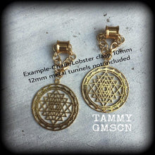 Load image into Gallery viewer, Sri Yantra Ear weights, 10mm, 00 gauge, Hanging gauges, Plug dangles, Gauged earrings, Ear Hangers, Tunnel dangles, 12mm, 14mm, 16mm, 18mm