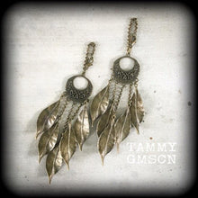 Load image into Gallery viewer, Artemis ear hangers Plug dangles Tunnel dangles Hanging gauges Leaf Dangle Tree Pan Dianic Nature Wicca Goddess Bronze Gauges 00g 0g 2g 4g