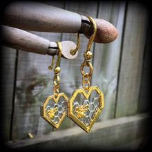 Load image into Gallery viewer, Bee hive ear weights, Hexagon ear hangers, Geometric weights, Insect ear weights, Tunnel dangles, Plug dangles, Hanging gauges, 2g, 0g, 00g