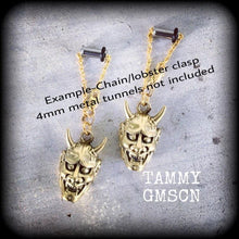Load image into Gallery viewer, Hannya Mask earrings, 4mm ear hangers, Japanese earrings, Tunnel earring, Oni Mask, Plug earrings, Earrings for stretched ears, Pierced ears