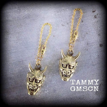 Load image into Gallery viewer, 6 gauge weights, 4 gauge ear hangers, Hannya Mask ear weights, 4mm tunnel dangles, 5mm plug dangles, Plug earrings, For stretched ears