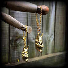 Load image into Gallery viewer, 6 gauge weights, 4 gauge ear hangers, Hannya Mask ear weights, 4mm tunnel dangles, 5mm plug dangles, Plug earrings, For stretched ears