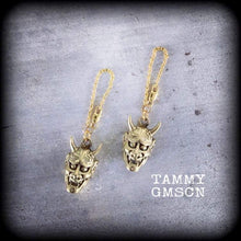 Load image into Gallery viewer, 6 gauge weights, 4 gauge ear hangers, Hannya Mask ear weights, 4mm tunnel dangles, 5mm plug dangles, Plug earrings, For stretched ears