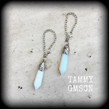 Load image into Gallery viewer, Moon stone ear hangers 4 gauge 6 gauge 6mm 8mm Opalite ear weights Tunnel dangles Stone weights Gauged earrings Plug earrings Hanging gauges