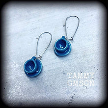 Load image into Gallery viewer, Tea cup earrings Tea Party earrings Kawaii earrings Barista jewelry Alice in Wonderland Plug earrings 3mm plug dangles 6mm tunnel earrings