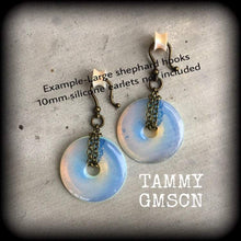 Load image into Gallery viewer, Moonstone ear weights Opalite ear hangers Bronze weights 6mm tunnel weights 8mm tunnel dangles Gauged earrings Plug dangles 00g 0g 2g 4g 6g